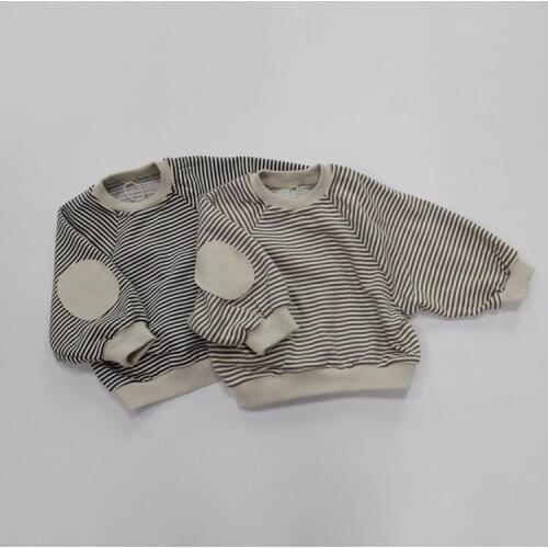 2021 spring childrens sweater with striped bat sleeve patch and round neck kids clothes