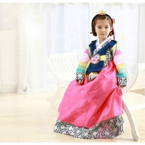 Children Korean Girl Hanbok Embroidery Dress Long Sleeve Costume Ethnic Dance Traditional Cute Cosplay Tailored + Free Shipping