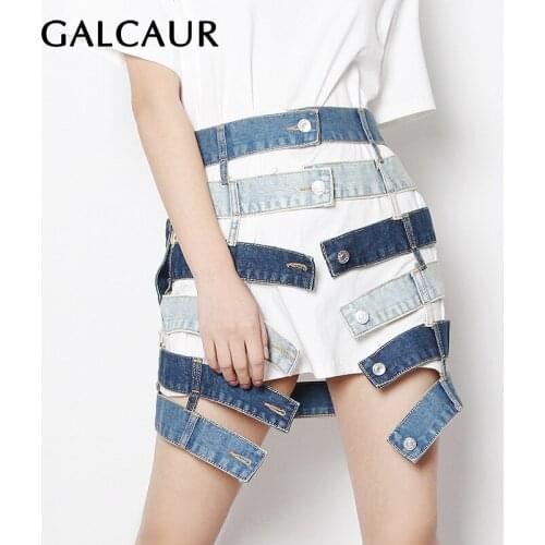 GALCAUR Blue Skirt For Women High Waist Hollow Out Hit Color Designer Asymmetrical Denim Mini Skirts Female 2021 Summer Clothing