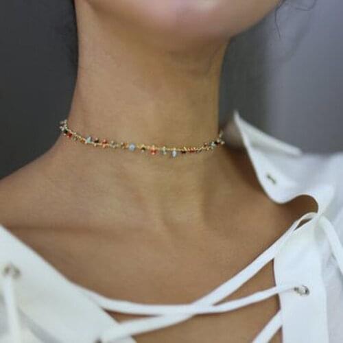 GinaDeer Simple Necklace Collier Girl Short Chain Colorful Classic Beaded Stainless Steel Necklace Jewelry Necklace Choker