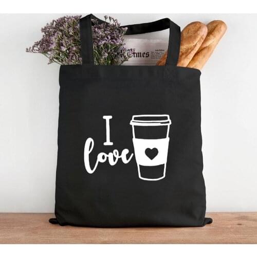 First Coffee Printing Canvas Shopping Black Bags Mom Life Women Shoulder Cloth Bags Reusable Shopper Teacher Student Book Bags
