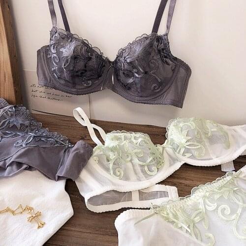 Honviey sexy lingerie set lace embroidery Ultra-thin perspective underpants set with steel ring gathered underwear set