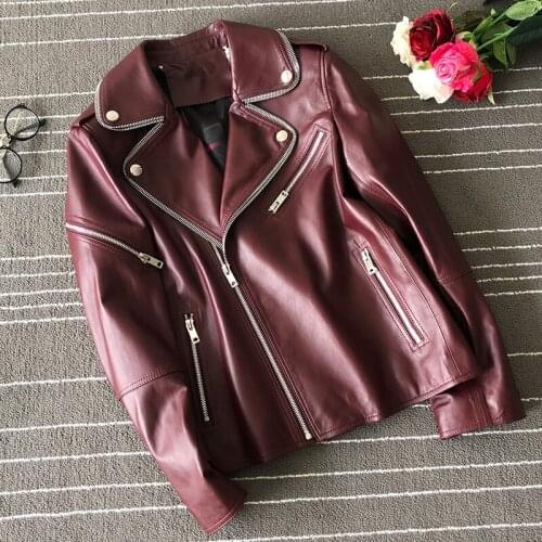Classic Women Genuine Leather Jacket Ladies Moto Biker Jackets 2021 New Spring Autumn Vintage Burgundy Loose Casual Outwear Top