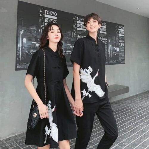 Summer Traditional Japanese Clothes Couples Print Crane Modern Chinese Cheongsam Qipao Women Oriental Japanese Dresses