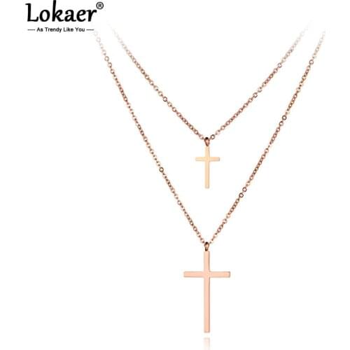 Lokaer Bohemia Titanium Stainless Steel Double-layered Cross Charm Choker Necklace Pendant Chain Necklace For Girls N19080