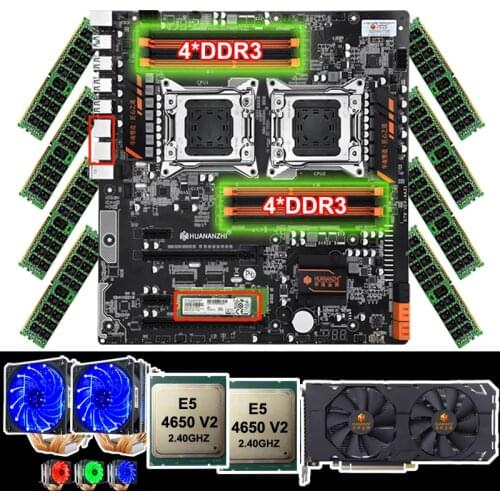 Brand HUANANZHI dual X79 motherboard with 256G SSD dual CPU Xeon E5 4650 V2 with coolers RAM 128G(8*16G) video card GTX1660 6GD6