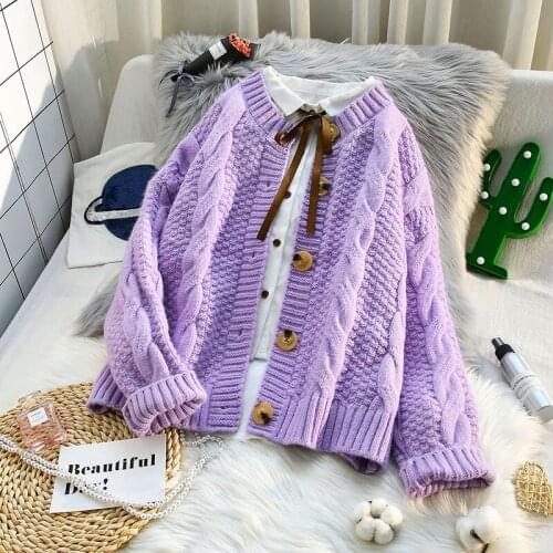 Casual All Match Knitted Women Sweater and Cardigan 2020 Wintern New Button Solid Purple Female Outwear Coat Tops