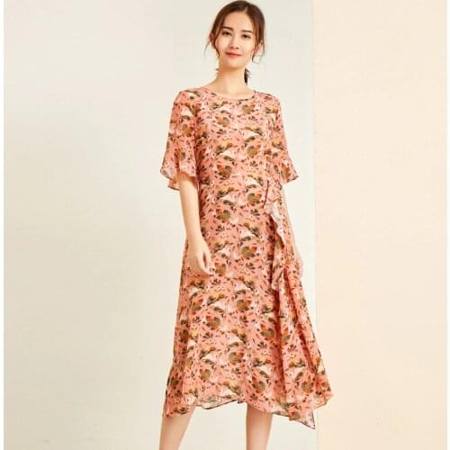 Pink Print Leaves Goose Floral Silk Crepe Dresses Women Fashion 2021 Summer Long Casual Sexy Office Work Daily Dress Plus Size