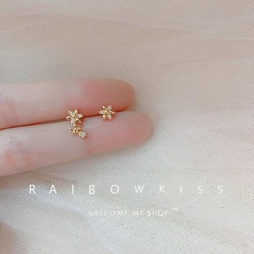 Asymmetry Flower Stud Earrings For Women Trendy Micro Inlaid Zircon Tassel Cartilage Ear Ring Simple Girl Piercing Small Jewelry