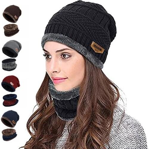 Sport Hiking Ski Hats Neck Warmer Knitted Hat Scarf Set Fur Wool Lining Thick Warm Knit Beanies Balaclava Winter Hat Men Cap