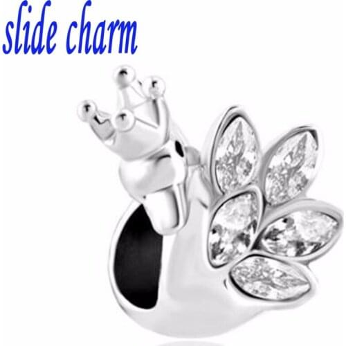Slide charm Free shipping Silver-plated swan white zircon beads fit Pandora bracelet Christmas Valentine Mothers Day gift