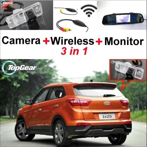 3 in1 Special Rear View Camera + Wireless Receiver + Mirror Monitor Easy DIY Back Up Parking System For Hyundai ix25 2014~2015