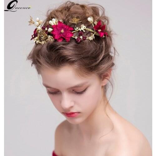 Red flower bridal hairstyles Bride leaves Butterfly wedding hair accessories bride Headband pearl headpiece party head jewelry