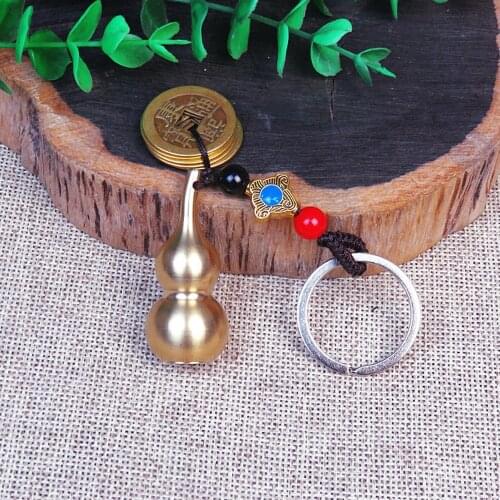 Vintage Brass Lucky Gourd Car Keychain Pendant Handmade Lanyard Ancient Chinese Five Emperors Coins Feng Shui Keyrings Hangings