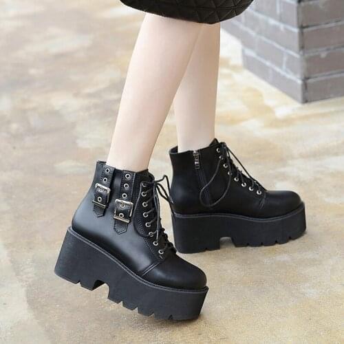 Mujer Fashion Platform Shoes Women Punk Black Gothic Ankle Boots Womens Platform Wedge Lace Up Motorcycle Boots 2020 LJB177