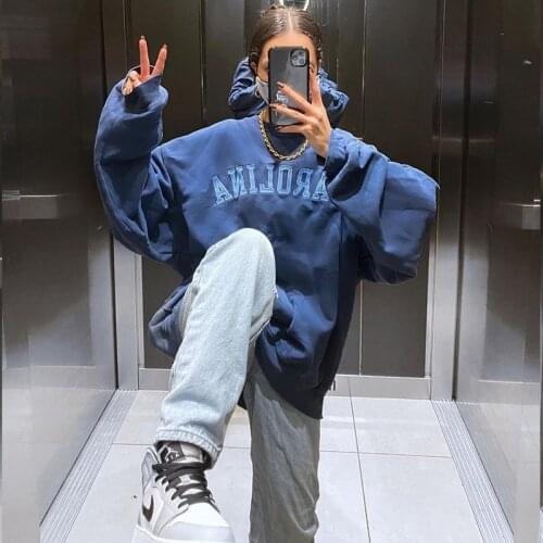 B-TOTO American Retro Sea Blue Letter Embroidery Loose Sweater Women Tide Ins Hoodless Top 2021 New Fashion