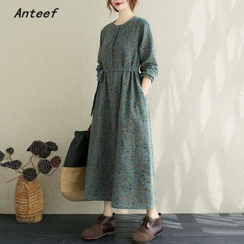 Anteef long sleeve cotton linen vintage floral dresses for women casual loose spring autumn dress elegant clothing 2021