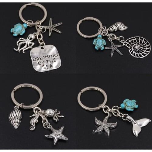 1pc Dreaming Of The Sea Keychains Shell Charms With Starfish Shell Pendant Fish Tail Keyring Blue Turtle Beach Jewelry