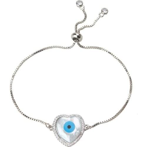 1pc Heart Shape Evil Eye Charms Bracelet Copper Link Zircon Shell Pendant Bracelet Fashion Jewelry Lucky For Women