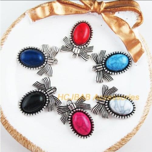 New 12Pcs Tibetan Silver Tone Retro Bow Charms Oval Mixed Acrylic Pendants 19.5x25mm