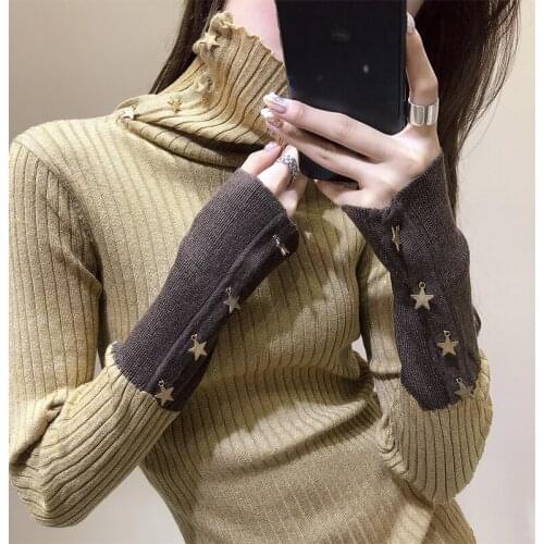 2018 Top Cotton Spandex New Womens Sweater Five-pointed Star Button Bright Knit Bottoming Shirt High Collar Women Turtleneck
