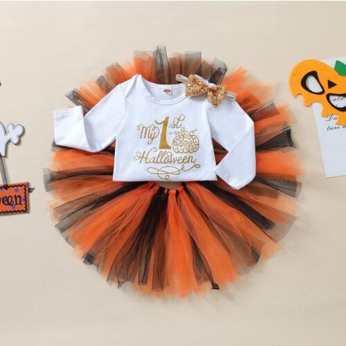 Newest 3Pcs Toddler Halloween Outfits Baby Girls Letter Print O-Neck Long Sleeves Bodysuits+Tutu Skirt Headband for 0-18M