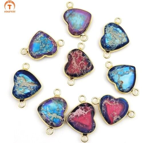 5pcs Fashion Natural Exquisite Stone Heart Shaped Pendants Gold Diplopore Connector Charm Woman Jewelry Necklace Bracelet Making
