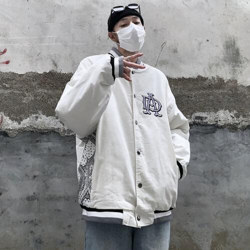 Spring-fall dark patchwork cashew flower baseball jackets for men and women with loose INS lettered embroidered overcoat jackets