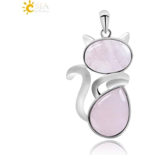 CSJA Chakra Natural Stone Pendant Cute Cat Pendants Suspension for Girl Green Aventurine Pink Crystal Cat Wisiorek Jewelry F072