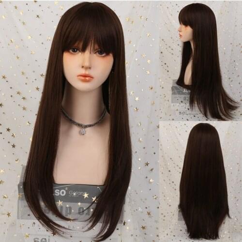 LANLAN Long Straight Brown Wigs with Bangs Cosplay Party Lolita Synthetic Wigs for Women Heat Resistant Fiber