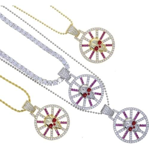Best price hip hop rainbow colorful round hollow skull charm pendant necklace with gold silver color bulk statement necklace