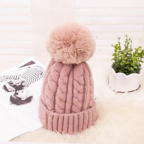 Fashion Warm Knitted Womens Hat Striped Winter Hats For Women Pink Fur Pompom Wool Beanies Thick Skullies Cap faux Pom pom Hat