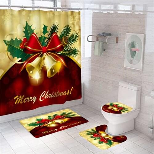 4PCS Christmas Shower Curtain Set Polyester Red Bathroom Partition Toilet Lid Cover Bath Mat Set Carpet Festival Home Decoration