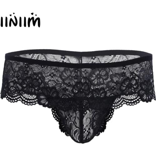 Iiniim Mens Lingerie Lacework See-through Underwear Open Butt Bulge Pouch String Homme Thong Briefs Bikini Gay Panties Underwear