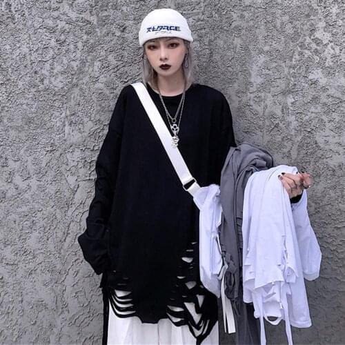 Spring new womens long-sleeved T-shirt Korean streetwear Harajuku hole white shirt Oversize loose hip-hop O-neck women T-shirt