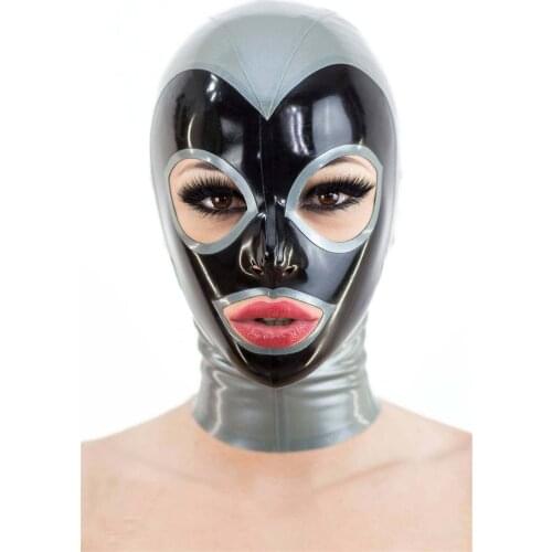 New design sexy exotic club lingerie handmade silver with black latex cute open eyes&mouth back zipper cekc Costume hoods fetish