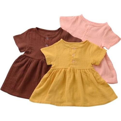 Autumn Casual Kid Baby Girl Plain Dress Cotton and Linen Clothes Summer Short Sleeve Dress Girl Solid Sundress Clothes