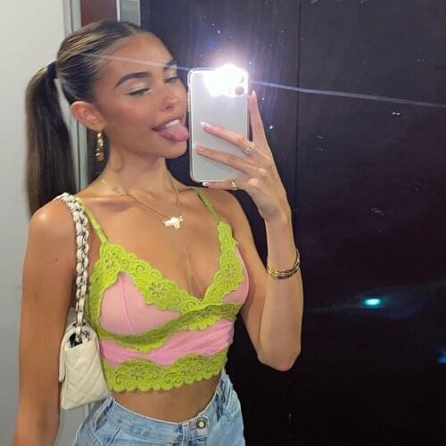 Patcwhork Lace Green Spaghetti Strap Top Sleeveless 90s Crop Top Tee Frill Y2k Sexy Cami Top Summer Streetwear 2021