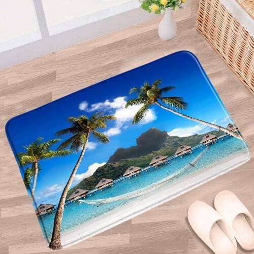 Doormat Summer Ocean Scenery Bathroom Mat Beach Palm Trees Green Plants Sunset Sea landscape Non-slip Rug Kitchen Doorway Carpet