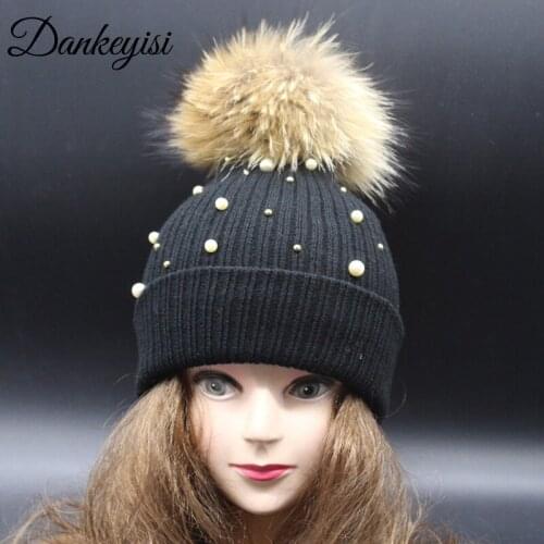 DANKEYISI Hat Girls Female Beanie Cap Pompom Rhinestones Diamond Pearl Winter Hat Women Cap Raccoon Fur Pompom Hat Female Beanie