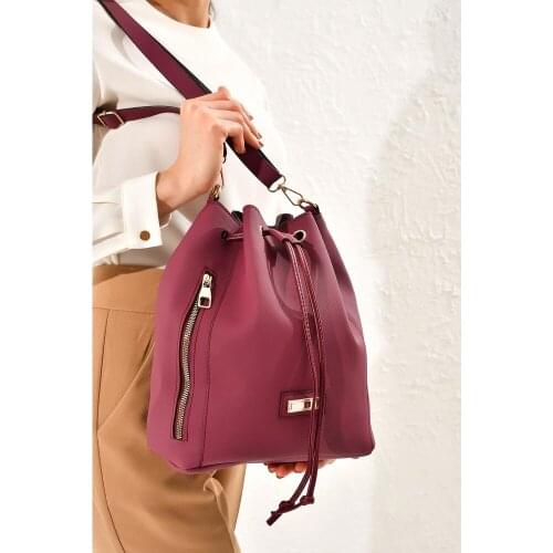 Drawstring Zipper Detailed Shoulder Bag Black Claret Red Brown Women Bag