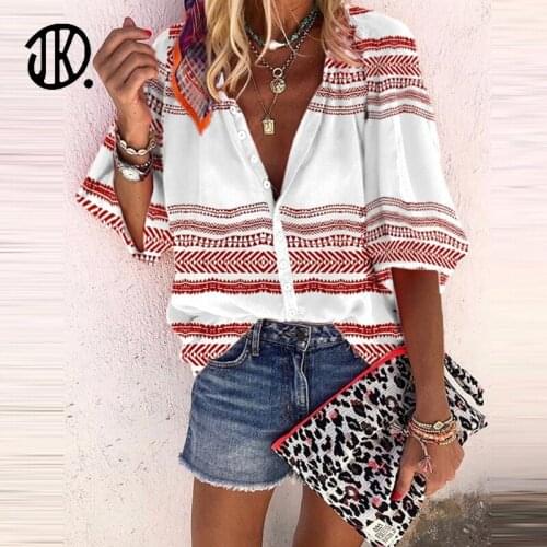 Trendy Striped Printed Single-Breasted Button Tops Large Size 3XL Fashion Ladies T-shirt Spring Sleeve Loose Streetwear T Shirt
