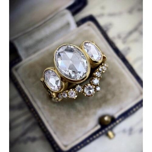 Vintage Female Oval Crystal Stone Ring Set Charm Gold Color Engagement Ring Luxury Bridal Geometry Wedding Rings For Women