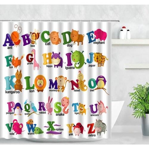 Cartoon Animals Alphabet Shower Curtains Elephant Giraffe Owl 3D Printed Modern Child Bathroom Decor Waterproof Bath Curtain Set
