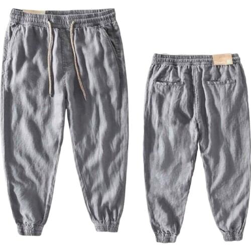 Men Linen Pants Breathable Thin Khaki Cargo Harem Trousers Mens Solid Color Linen Casual Trousers Lace-Up Trousers