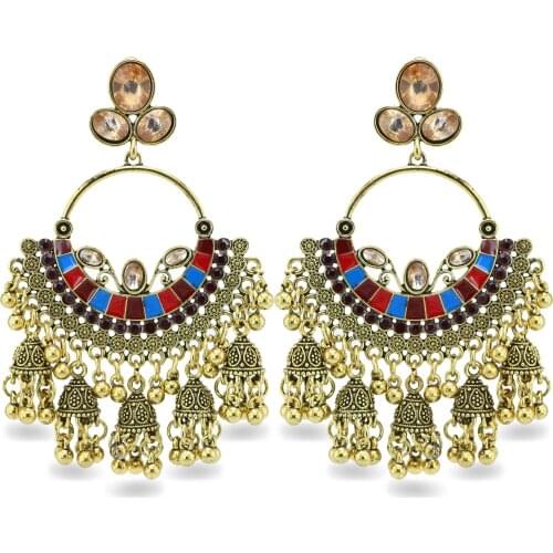 Womens Vintage Ethnic Gypsy Water Drop Gold Indian Earrings Boho Jewelry Retro Bell Tassel Hollow Ladies Jhumka Earrings