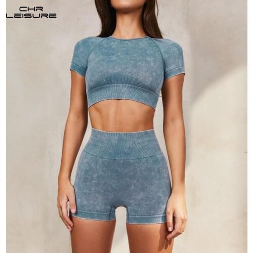 CHRLEISURE Sport Shorts Sets Women Crop Top and High Waist Gym Shorts Casual Solid Set Sand Washed Imitation Denim Fitness Suit
