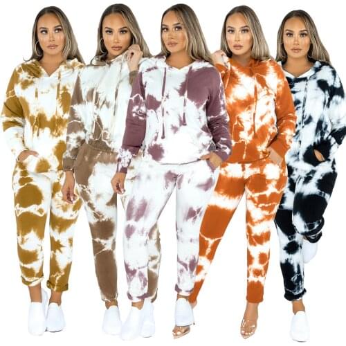 Tie Dye Pant Sets Women Casual 2 Piece Sets Basic Hooded Sweatshirt And Fashion Sweatpants Women Tracksuit Loose Jogging Femme