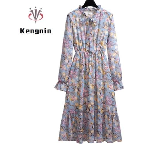 Loose Print Floral Women Tunic Dresses 2021 Autumn Bow Long Sleeve Female Robe Dress Office Lady Work Chiffon Dresses KE1838