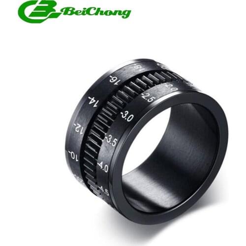 Beichong Unique Mens Black Stainless Steel SLR Camera Lens Ring Men Jewelry Spinner Bands